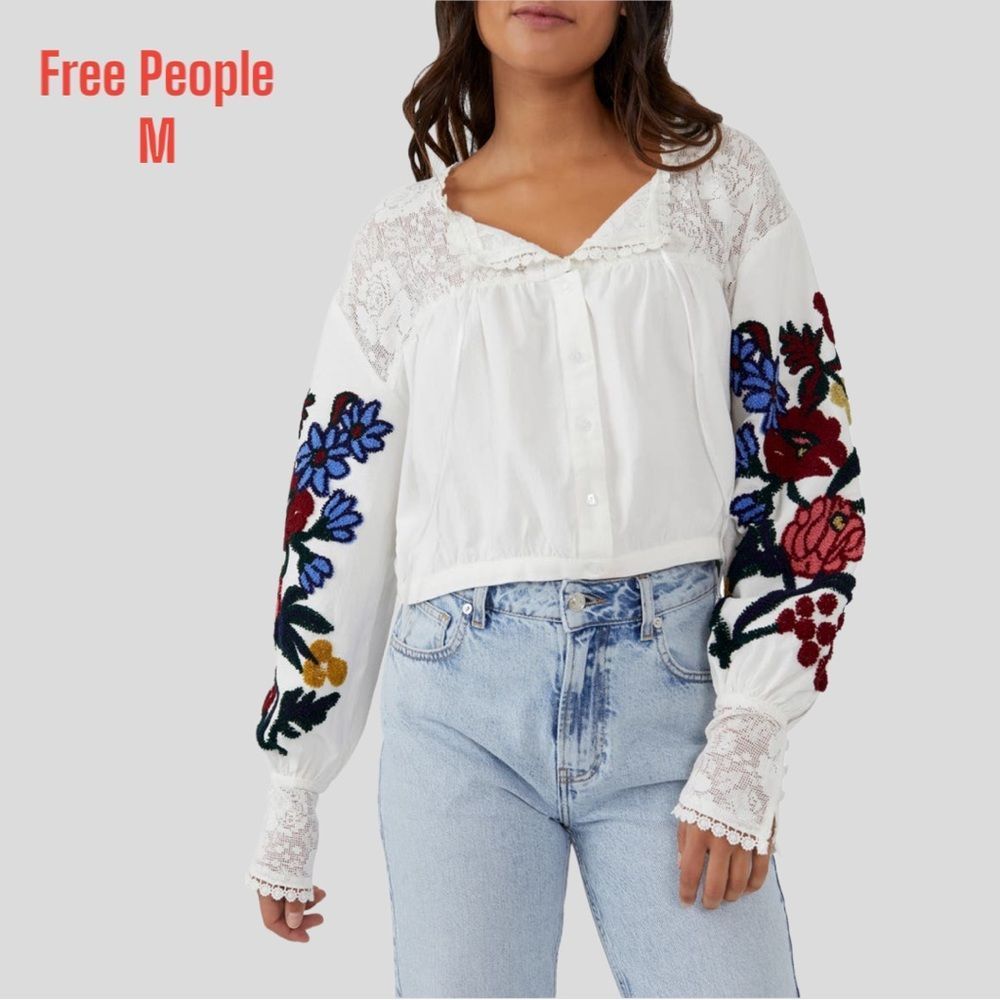 Free People White Floral Embroidered Blouse